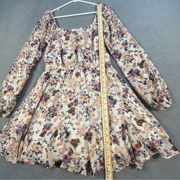 Row A Women’s Cream Floral Long Sleeve Sweetheart Dress, Lined, elastic waist, M - Picture 7 of 10